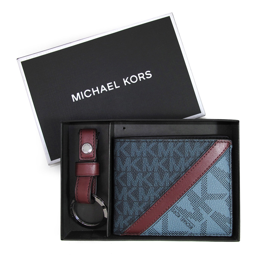 MICHAEL KORS Cooper 海軍藍色皮革條飾對開式短夾+皮革鎖圈(禮盒組)