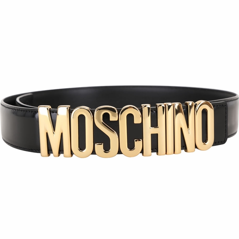 MOSCHINO 拋光金字母小牛皮腰帶(黑色)