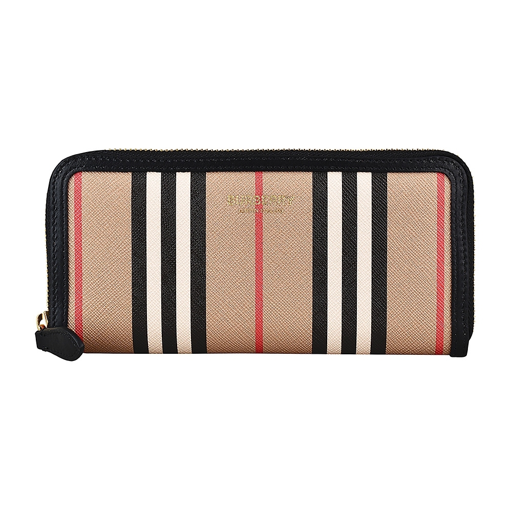 BURBERRY Icon Stripe燙金LOGO條紋設計環保帆布6卡拉鍊長夾(典藏米)