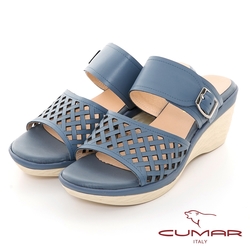 【CUMAR】鏤空皮革楔型涼鞋楔型涼拖鞋-藍
