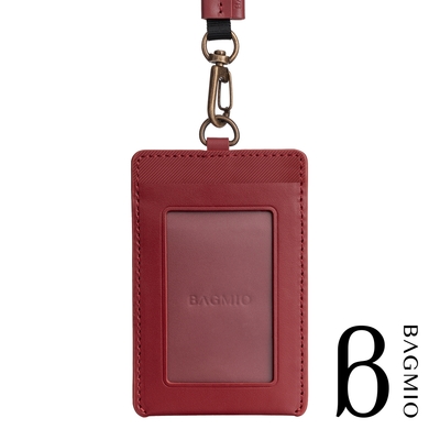 BAGMIO 牛皮直式雙卡證件套 - 酒紅 (附織帶/霧面證件視窗)