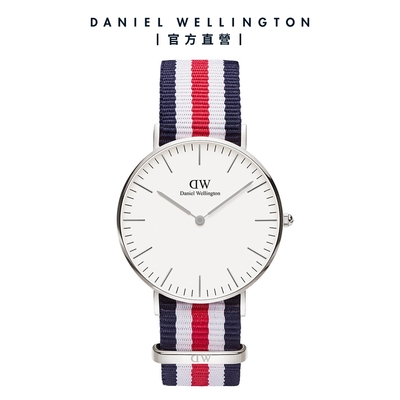 Daniel Wellington DW 手錶 Classic Canterbury 36mm細紋藍白紅織紋錶-白錶盤-銀框 DW00100051