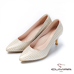 【CUMAR】文藝羅浮宮- 特殊皮革壓紋簡約高跟鞋-米