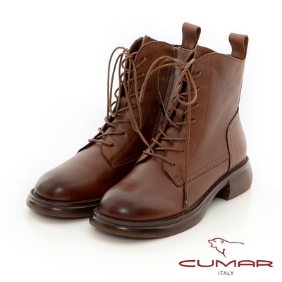 【CUMAR】復古大圓頭綁帶短靴-棕色