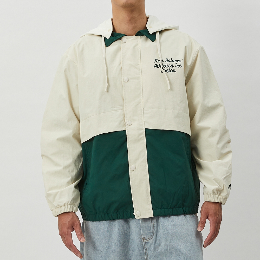 New Balance SDS外套男款米白綠色帽可拆拼接口袋下縮口風衣外套 
