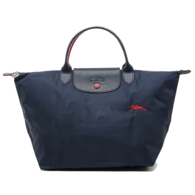 LONGCHAMP  經典Collection 刺繡 拉鍊短提把尼龍水餃包(大款/深藍色)