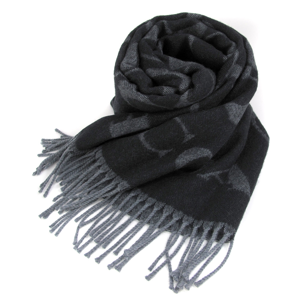 COACH 義大利製黑灰色雙面羊毛流蘇圍巾(180cm x 53cm)