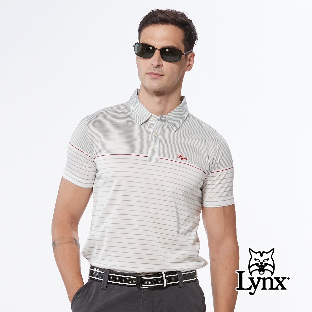 【Lynx Golf】男款絲光材質合身版涼感抗UV條紋設計Lynx草寫繡花短袖POLO衫-灰色