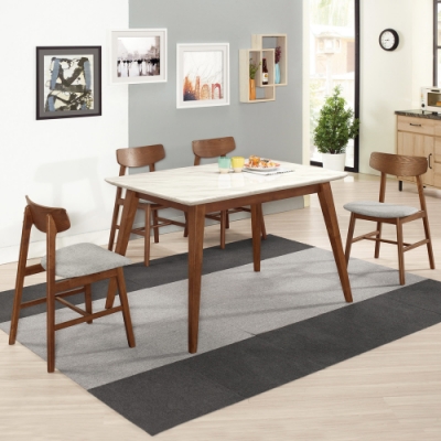 Boden-溫克4.3尺胡桃色石面餐桌椅組合(一桌四椅)(灰色布餐椅)-130x80x77cm