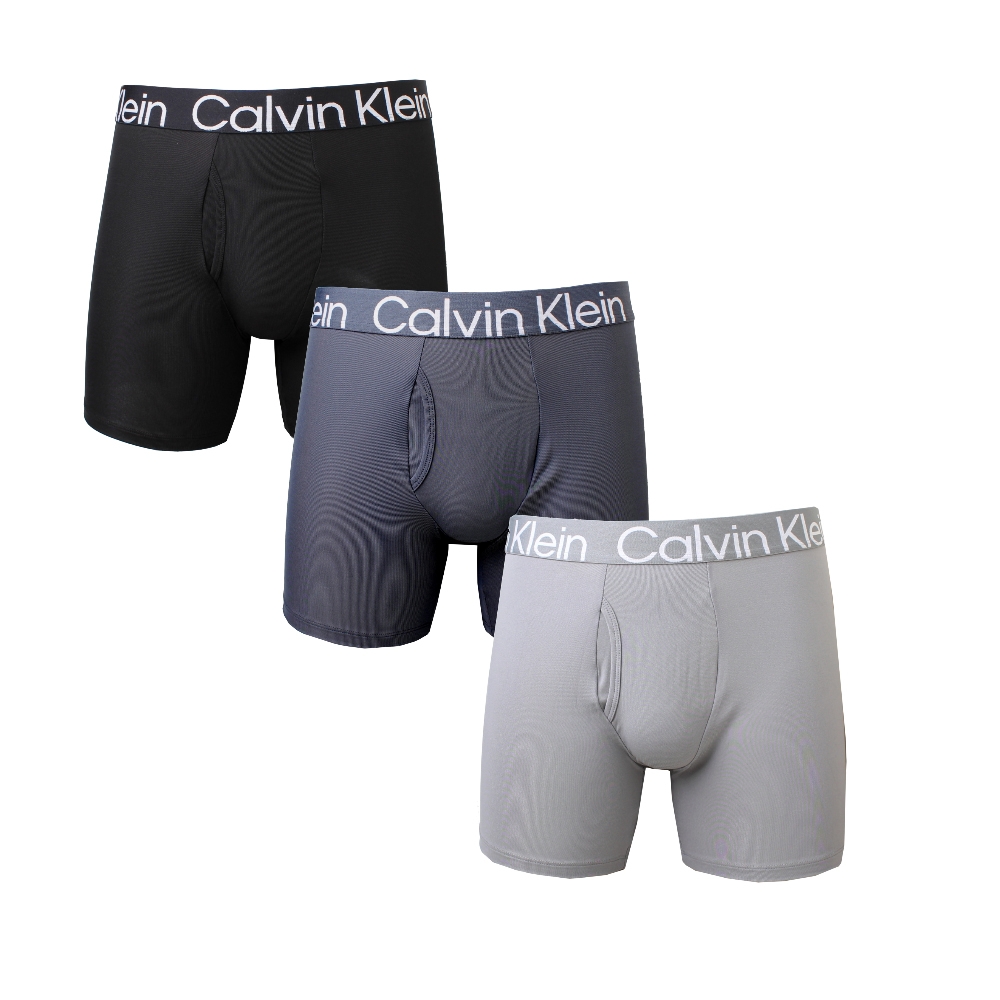 【Calvin Klein】ck超細纖維速乾羅紋BOXER男四角內褲(黑灰色三件組)