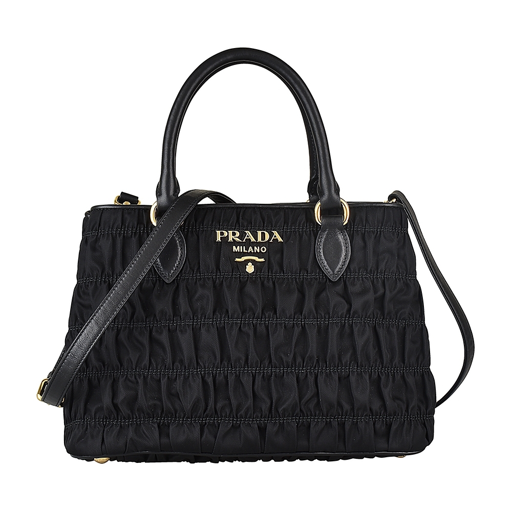 PRADA TESSUTO GAUFRE'金字LOGO尼龍防刮牛皮飾邊拉鍊手提斜背包(黑)