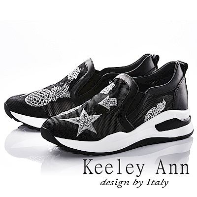 Keeley Ann 休閒步調~街頭金鑽圖式透膚真皮軟墊休閒鞋(黑色-Ann)