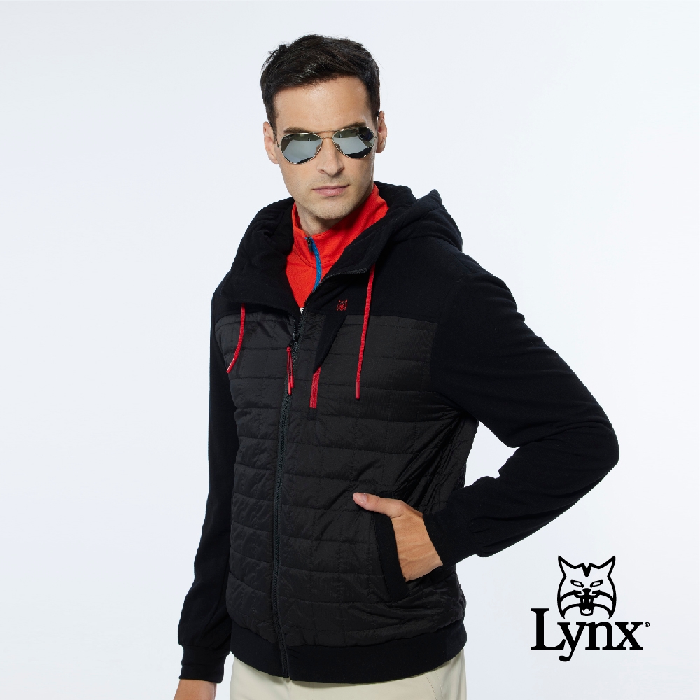 【Lynx Golf】男款保暖防風鋪棉格紋剪接胸袋款長袖連帽外套-黑色