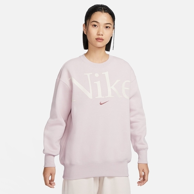 NIKE 上衣 女款 長袖上衣 大學T 磨毛 寬鬆版型 AS W NSW PHNX FLC OS LOGO CREW 紫 FN3655-019