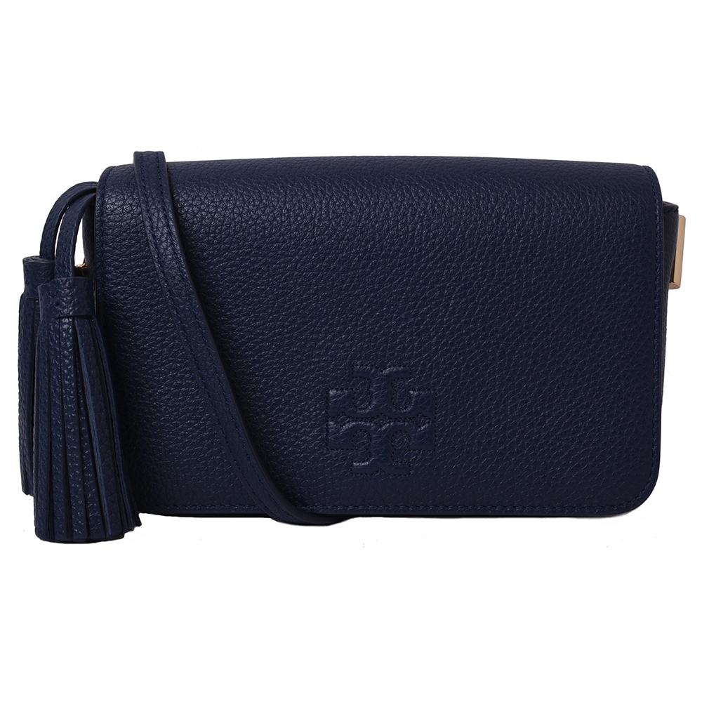 TORY BURCH THEA流蘇荔枝紋縫線LOGO鍊帶斜背方包-海軍藍