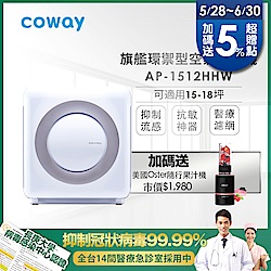 Coway 經認證抑制冠狀病毒 旗艦環禦型空氣清淨機 AP-1512HHW 送活性碳濾網2片 送 美國Oster隨行果汁機