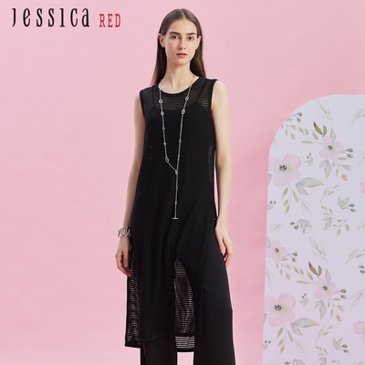 JESSICA RED - 設計感疊穿鏤空針織背心長裙R43503（黑）