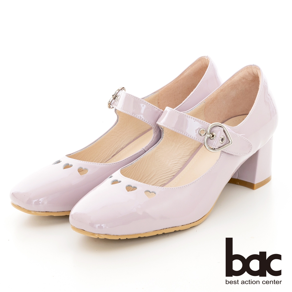 【bac】漆皮愛心鏤空瑪莉珍粗跟高跟鞋-粉紫亮
