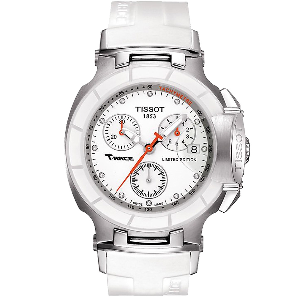 TISSOT 天梭 官方授權 T-RACE LADY 計時陶瓷真鑽腕錶-白/36.65mm T0482172701600