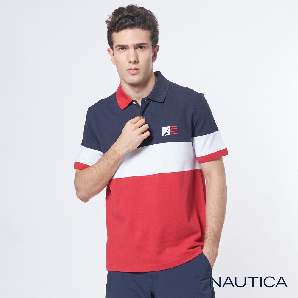 Nautica 百搭拼接造型短袖POLO衫-紅