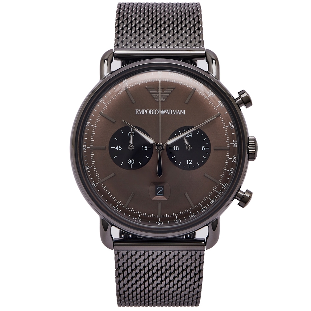 ARMANI 圓弧立體感雙眼計時功能米蘭錶帶手錶(AR11141)-咖啡色面/42mm