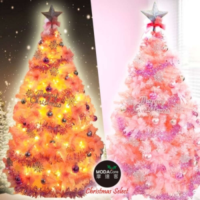 摩達客耶誕-台灣製5尺(150cm)豪華版夢幻粉紅聖誕樹(浪漫櫻花粉銀系配件)+100燈LED燈暖白光1串(附控制器)