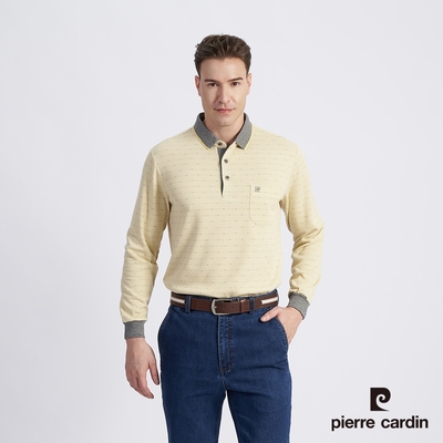 Pierre Cardin皮爾卡登 男款 棉質混紡緹花刷毛長袖POLO衫-淺黃色 (5215273-53)