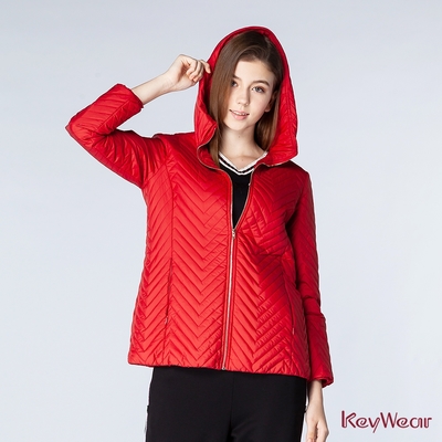KeyWear奇威名品 純色連帽開襟衍縫外套-紅色