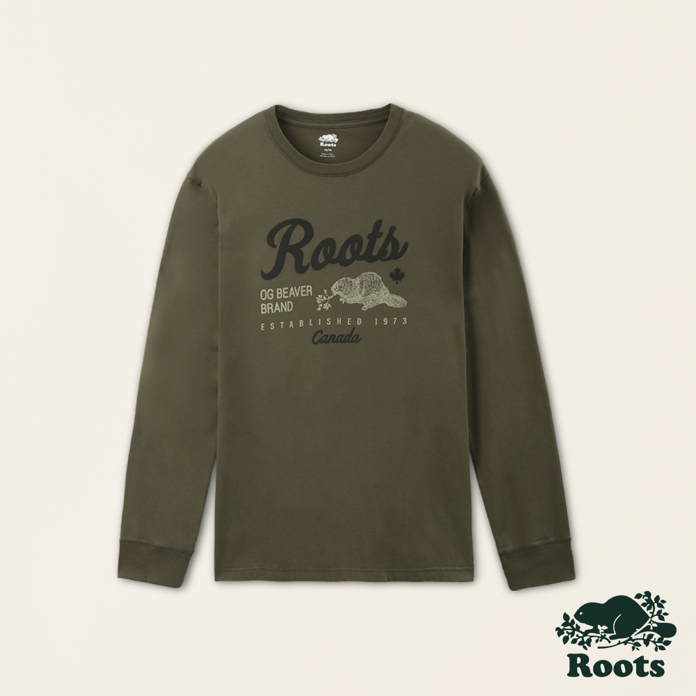 Roots 男裝-經典傳承系列 厚磅長袖T恤-深綠色