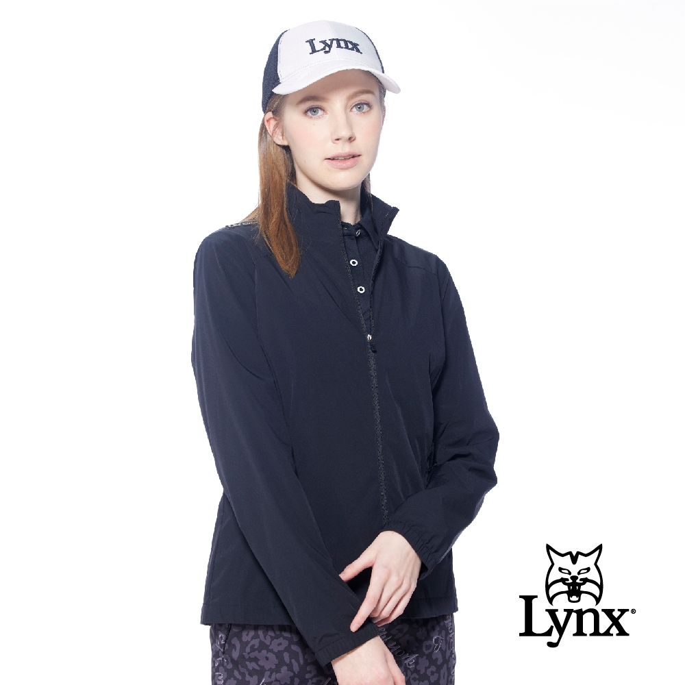 【Lynx Golf】korea女款後背Lynx造型設計拉鍊口袋長袖外套-黑色