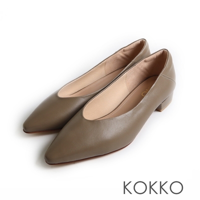 KOKKO素面簡約V型綿羊皮舒弧低跟包鞋墨綠色