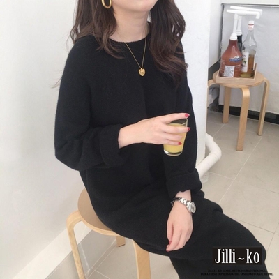 JILLI-KO 寬鬆圓領過膝連衣長裙針織洋裝- 黑色