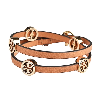 TORY BURCH MILLER簍空金屬LOGO小牛皮飾黃銅扣式雙圈手鍊(金x棕)