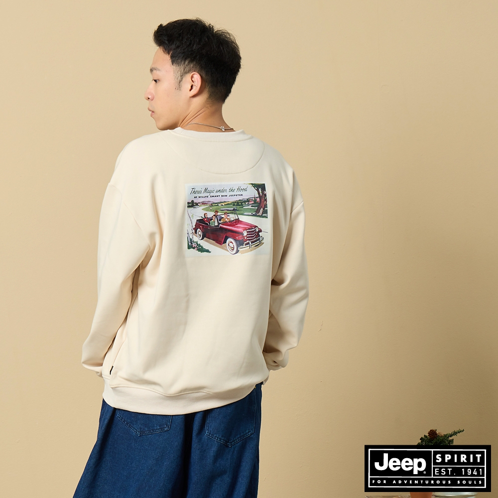 JEEP 品牌LOGO圖騰刷毛大學T (男女適穿) -米色