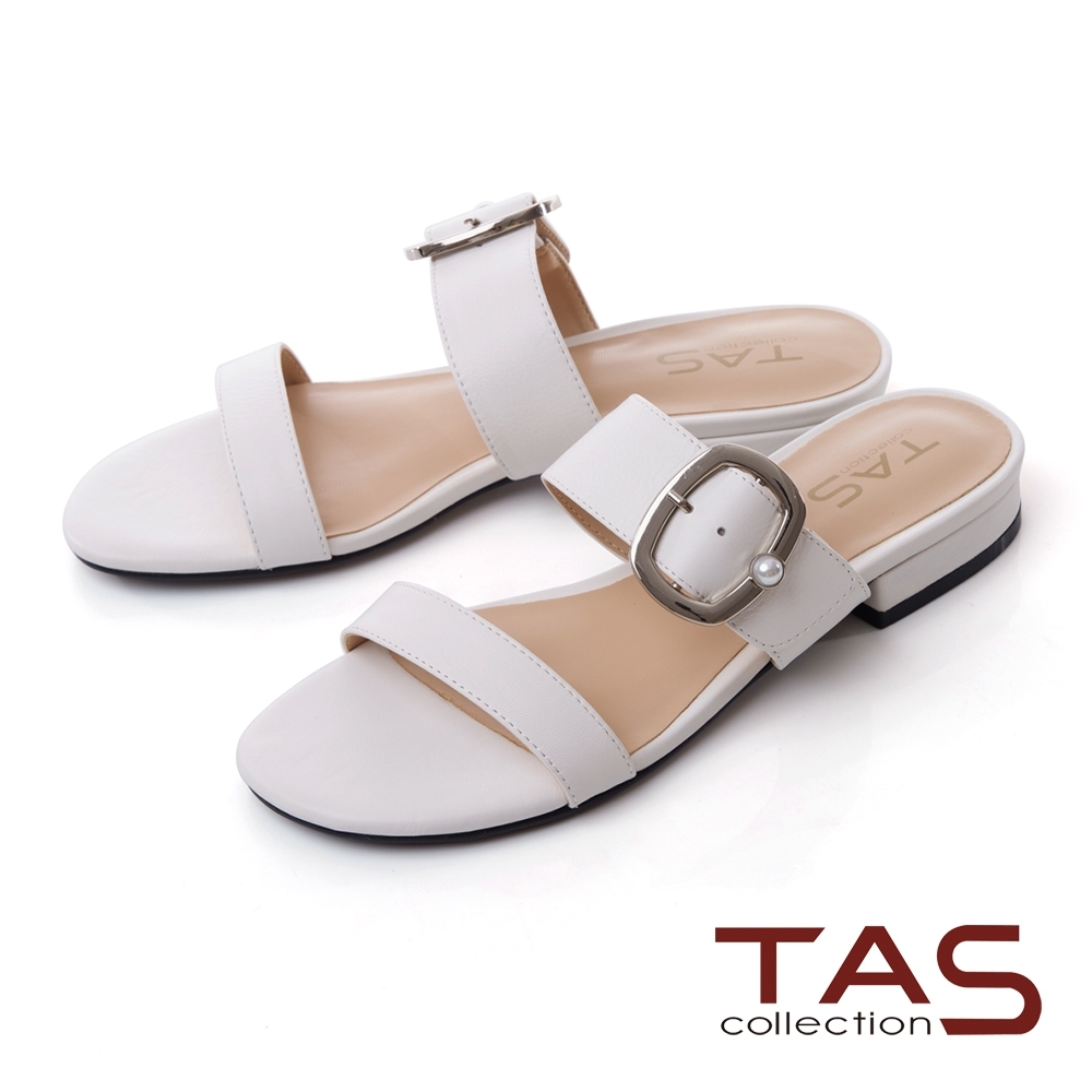 TAS寬版牛皮造型扣環涼拖鞋-韓系白