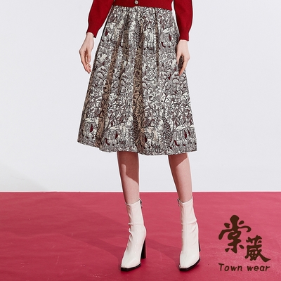 【TOWNWEAR棠葳】時髦滿版叢林系緹花中長裙(女下身/女下著/拉鍊/口袋/印花)