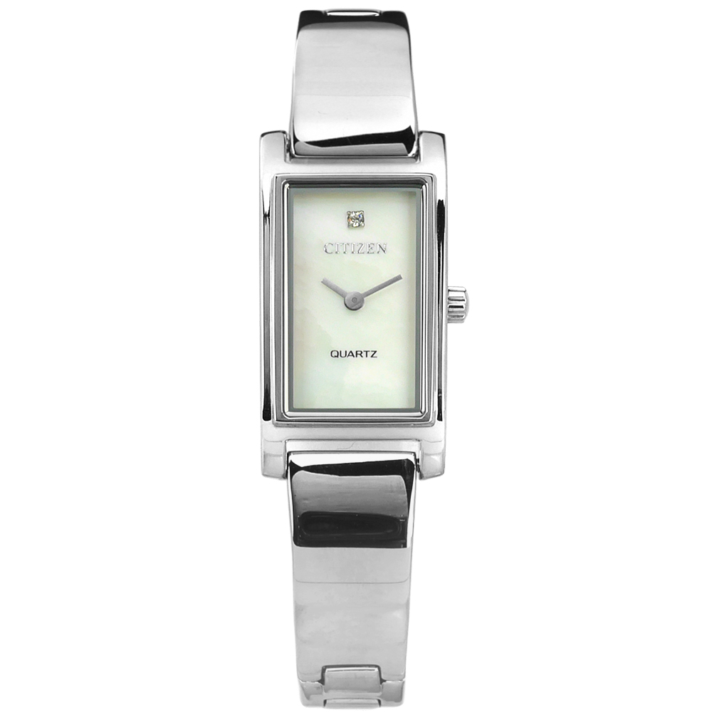 CITIZEN 珍珠母貝秀氣細緻晶鑽不鏽鋼手錶-銀色/14mm