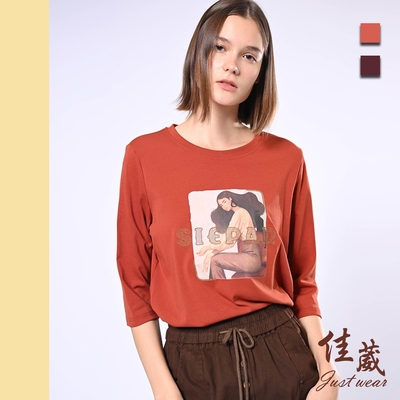 【佳葳Justwear】復古印圖七分袖棉質上衣 2色(女上衣/女上著/素色/刺繡/字母)