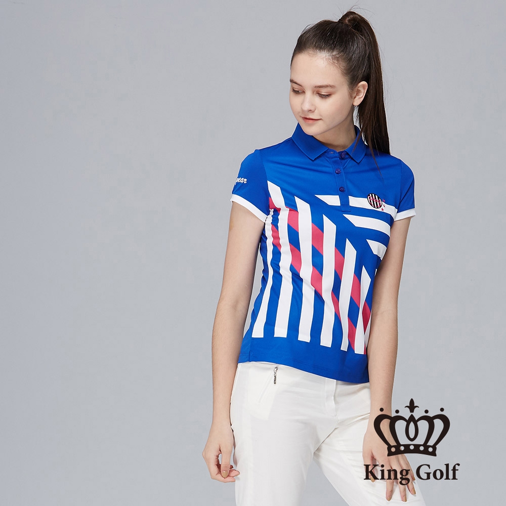 【KING GOLF】女款刺繡國旗風條紋印圖造型POLO衫/高爾夫球衫-藍色