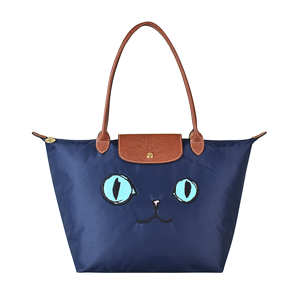 LONGCHAMP LE PLIAGE COLLECTION 貓咪長提把肩背包(大/海軍藍