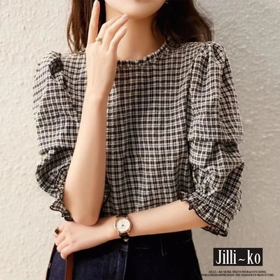 JILLI-KO 格紋泡泡袖皺面小衫- 黑色