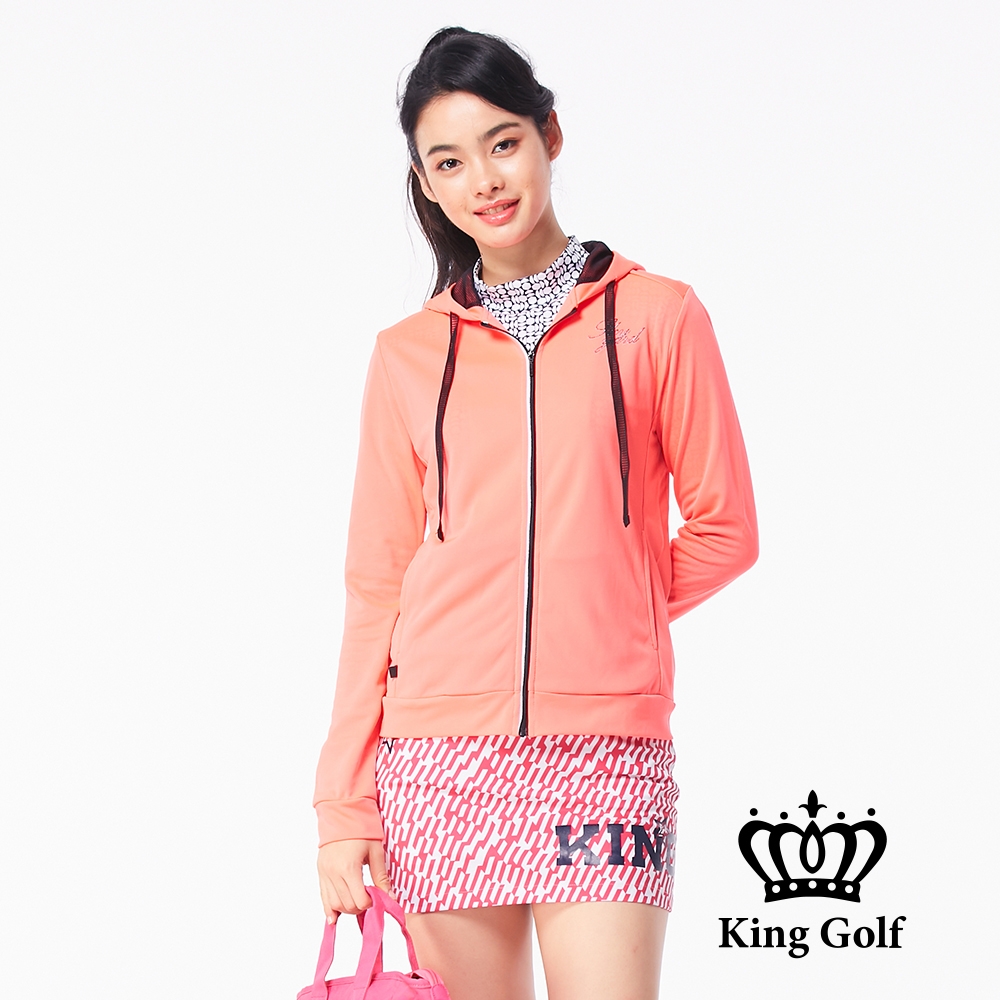 【KING GOLF】女款簡約修身拉鍊包邊輕薄內網連帽外套-橘色