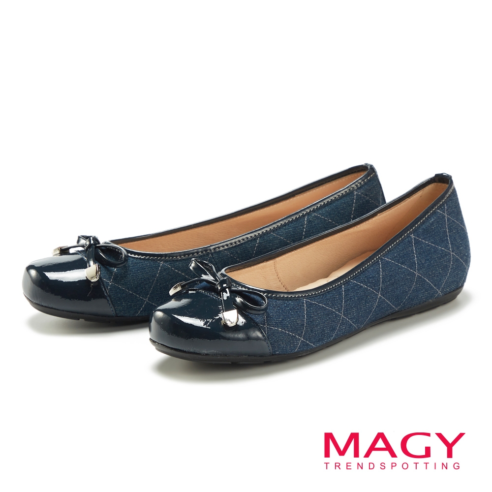 MAGY 皮革蝴蝶結雙材質拼接平底鞋 藍色