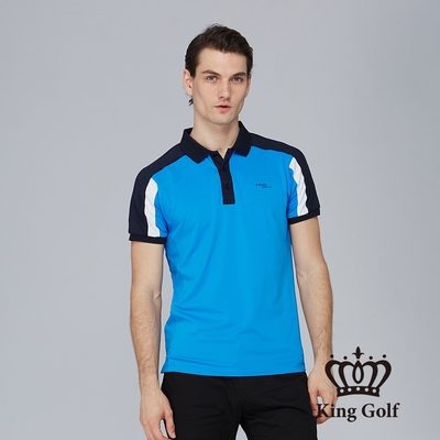 【KING GOLF】男款肩膀拼接撞色造型POLO衫/高爾夫球衫-藍色