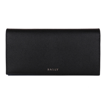 BALLY 金屬銀字顆粒紋皮革翻式長夾(黑x內藍)