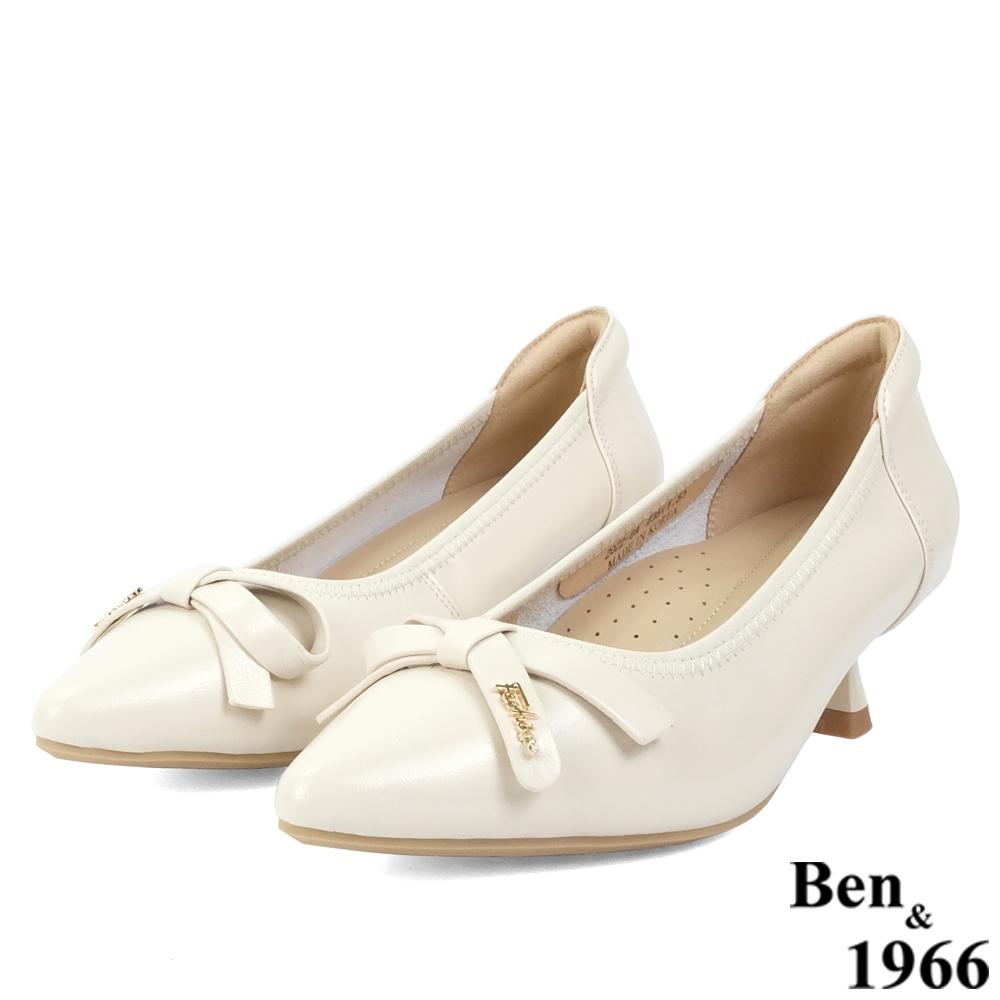 Ben&1966高級頭層羊皮舒適尖頭低跟鞋-米白(236542)