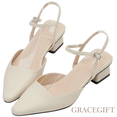【Grace Gift】法式尖頭繞踝中跟鞋 米白