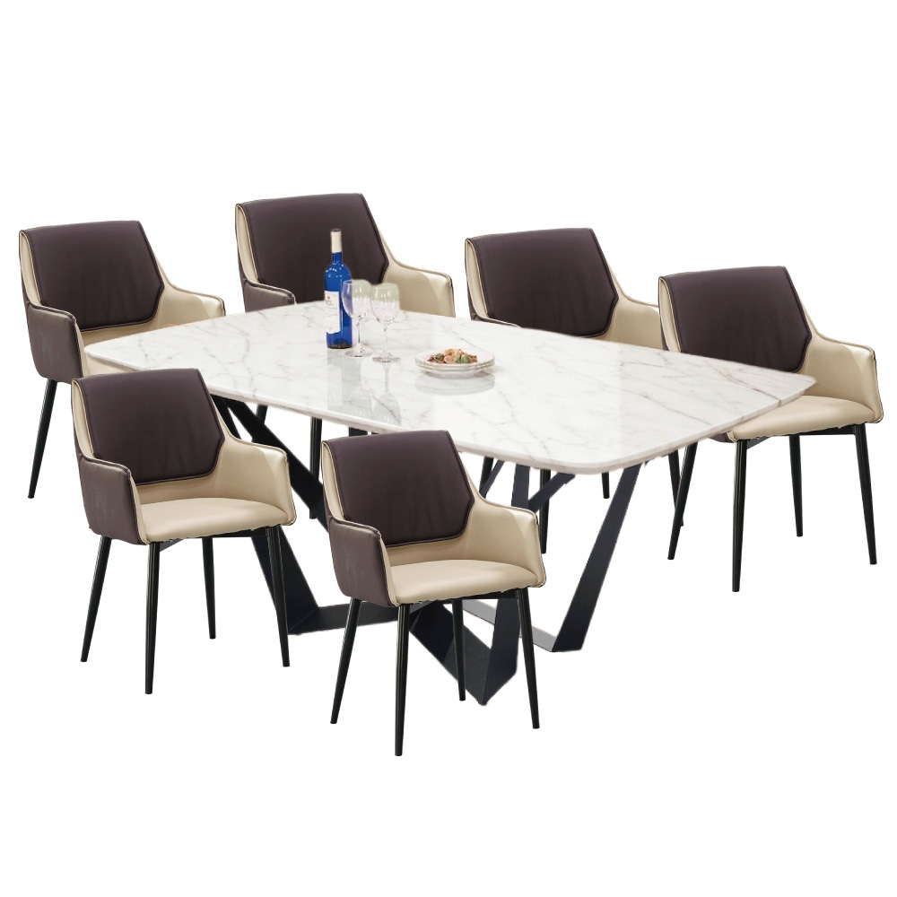 文創集 沃克6尺雲紋石面餐桌椅組合(一桌六椅組合＋餐椅二色可選)-180x100x80cm免組