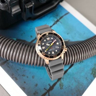 CITIZEN 星辰表 / BN0163-00H / PROMASTER 光動能 海浪波紋 潛水錶 防水200米 日期 橡膠手錶-灰x玫瑰金框/44mm