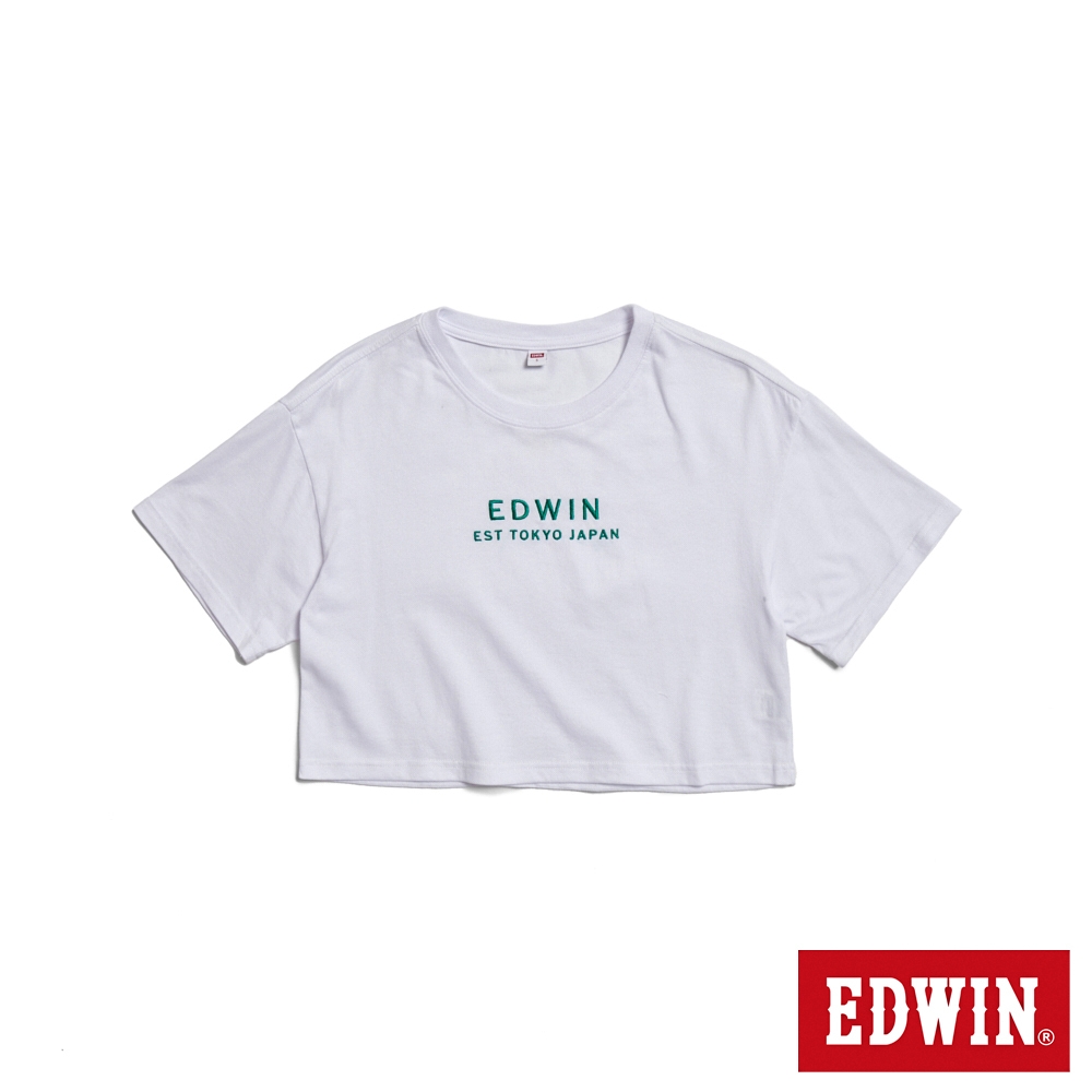 EDWIN 簡約刺繡印花寬短版短袖T恤-女-白色